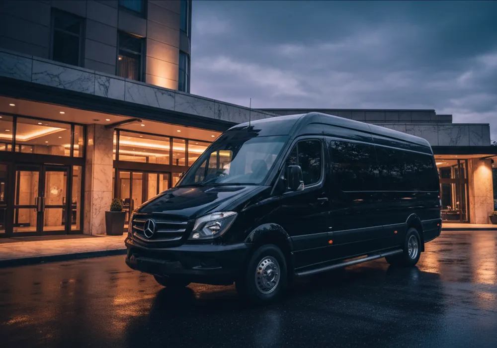 Black luxury minibus at a hotel entrance at dusk
