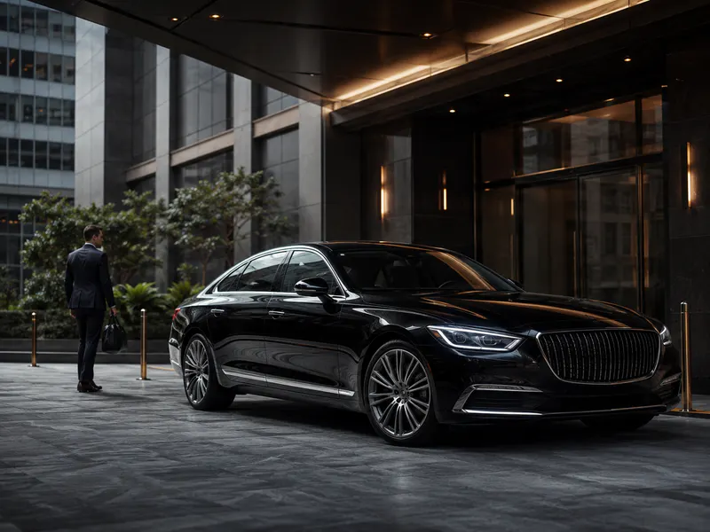 Velora luxury sedan waiting at a hotel entrance