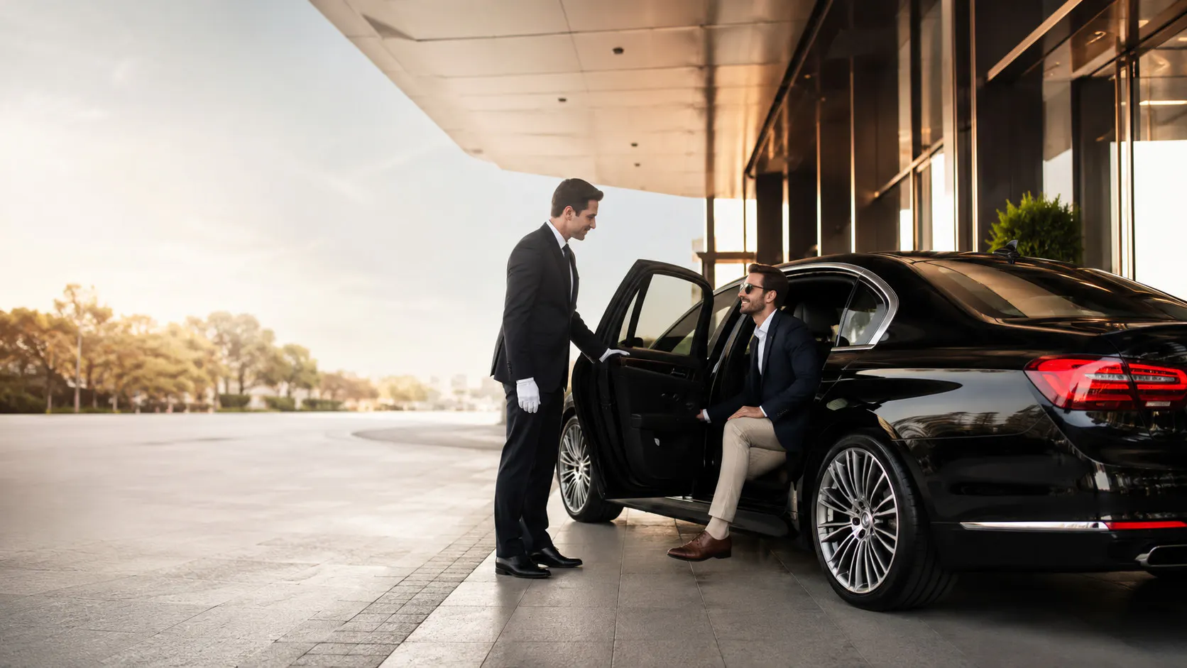 A Velora chauffeur opening the door of a luxury sedan for a passenger